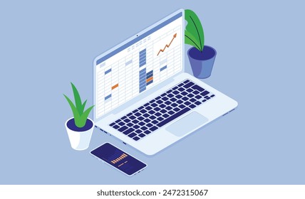 Spreadsheet on computer screen - Laptop in isometric view with accounting and calculation software in cozy home or office setting. Flat design vector illustration with blue background