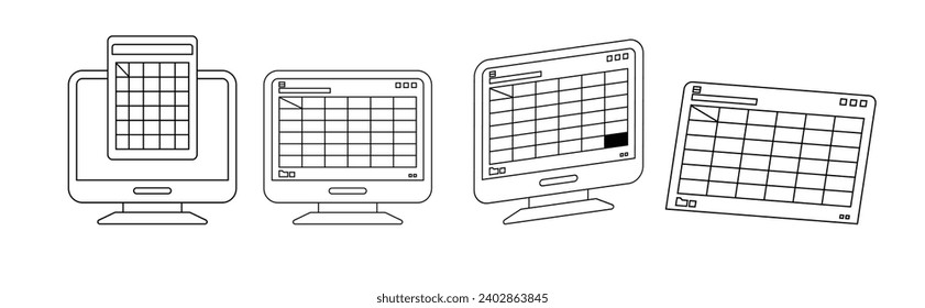 Spreadsheet on Computer screen line icon. Financial accounting report concept. office things for planning and accounting, analysis, audit, project management, marketing, research vector set