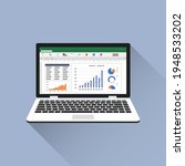 Spreadsheet on Laptop screen flat icon. Financial accounting report concept. office things for planning and accounting, analysis, audit, project management, marketing, research vector illustration.