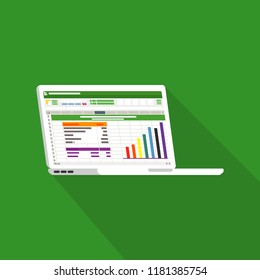 Spreadsheet on Laptop screen flat icon. Financial accounting report concept. office things for planning and accounting, analysis, audit, project management, marketing, research vector illustration