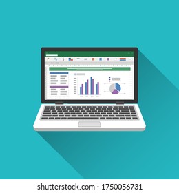 Spreadsheet on Laptop screen flat icon. Financial accounting report concept. office things for planning and accounting, analysis, audit, project management, marketing, research vector illustration.