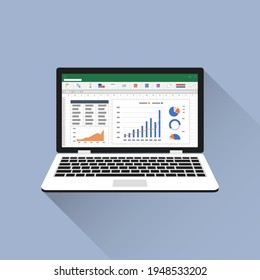 Spreadsheet on Laptop screen flat icon. Financial accounting report concept. office things for planning and accounting, analysis, audit, project management, marketing, research vector illustration.