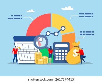 Spreadsheet producing reports,business people accountants with calculator, spreadsheet producing reports,Accounting and finance audit, calculate budget, profit and loss, produce report graph 