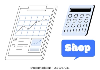 Spreadsheet with rising chart, calculator, and shop symbol. Ideal for business planning, financial analysis, e-commerce, sales tracking, and market research. Simple and clean style