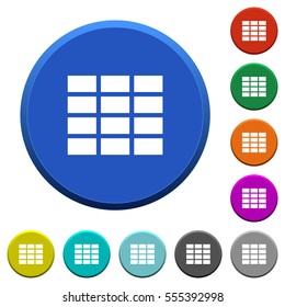 Spreadsheet round color beveled buttons with smooth surfaces and flat white icons