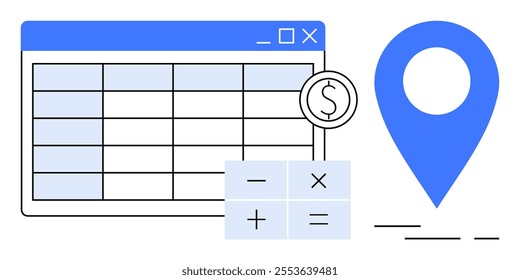 Spreadsheet with rows and columns, location pin, and calculator symbols suggesting financial calculations. Ideal for finance, data analysis, budgeting, navigation, digital tools. Clean, modern