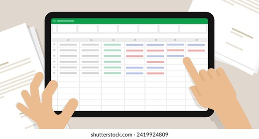 spreadsheet screen in tablet hand do accounting counting number office work financial calculation