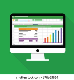 Spreadsheet software computer screen with financial accounting data. database analytical business report. audit investigation document with table and number. flat icon isolated vector illustration