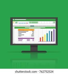Spreadsheet software computer screen with financial accounting data. database analytical business report. audit investigation document with table and number. flat icon isolated vector illustration
