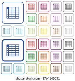 Spreadsheet table color flat icons in rounded square frames. Thin and thick versions included.