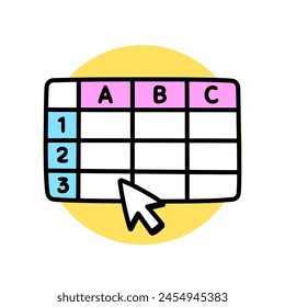 Spreadsheet table doodle icon, simple cartoon drawing. Hand drawn data sheet and cursor. Vector clip art illustration.