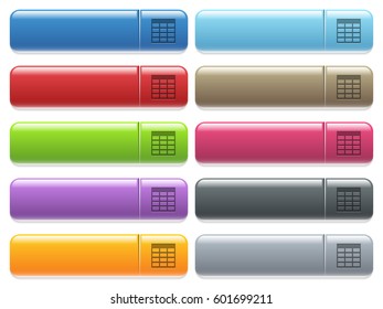 Spreadsheet table engraved style icons on long, rectangular, glossy color menu buttons. Available copyspaces for menu captions.