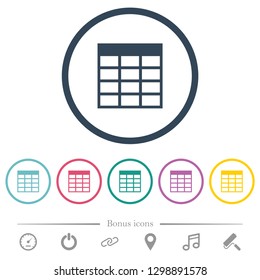 Spreadsheet table flat color icons in round outlines. 6 bonus icons included.