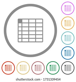Spreadsheet table flat color icons in round outlines on white background