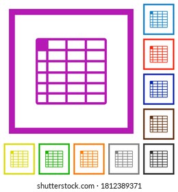 Spreadsheet table flat color icons in square frames on white background