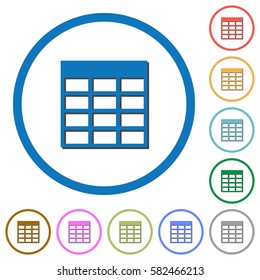 Spreadsheet table flat color vector icons with shadows in round outlines on white background