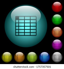 Spreadsheet table icons in color illuminated spherical glass buttons on black background. Can be used to black or dark templates