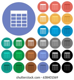 Spreadsheet table multi colored flat icons on round backgrounds. Included white, light and dark icon variations for hover and active status effects, and bonus shades on black backgounds.