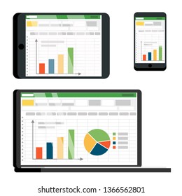 Spreadsheet Table On Tablet, Smartphone Vector Screen Set. Spreadsheet With Infographics, Pie Chart, Diagram. Data Analysis, Analytics, Statistics. Commerce Conversion, Accounting Flat Illustration