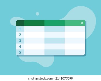 Spreadsheet tables app flat design vector. Concept of worksheet software in green and blue colors illustration, can be used in animation, banners and presentations.