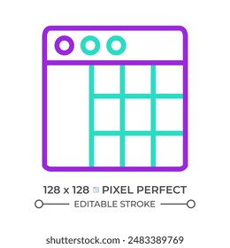 Spreadsheet two color line icon. Data organization bicolor outline symbol. Information table. Statistical datum. Data organization. Duotone linear pictogram. Isolated illustration. Editable stroke