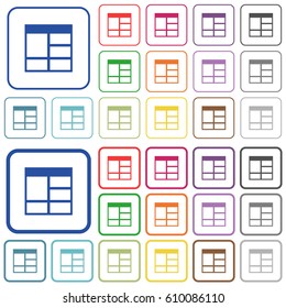 Spreadsheet vertically merge table cells color flat icons in rounded square frames. Thin and thick versions included.
