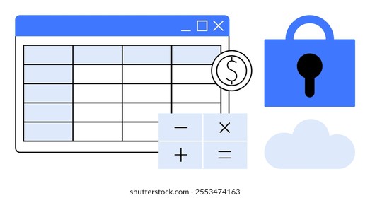 Spreadsheet window, dollar coin, calculator, lock, and cloud symbol. Ideal for finance management, budgeting, online security, cloud storage, and data privacy. Simple flat style