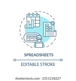 Spreadsheets turquoise concept icon. Project management. Business software. Editorial calendar. Tracking data abstract idea thin line illustration. Isolated outline drawing. Editable stroke