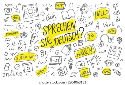 Sprich Deutsch? Dolmetschsprache online. Sprichst du Deutsch Sprachlernkonzept, Vektorgrafik. Doodle des Fremdsprachenunterrichts für die Online-Ausbildung zu Hause.