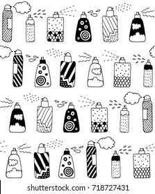 Sprey and bottle seamless pattern. Beauty salon for girls. Hand drawn vector black and white illustrations. Cartoon doodle. Background, wallpaper. Colouring page. Texture for web, print, fabric.