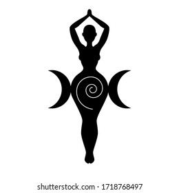 Sprial (triple) Goddess, beautiful woman figure respresenting moon cycles, fertility, feminine power. Wiccan traditional symbol. Vector illustration