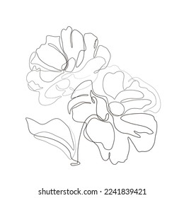 A sprig of blooming rose vector line art illustration. One Line style drawing of few flowers. Simple hand drawn elements. Vector illustration