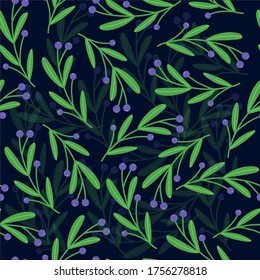 Sprig of blueberry on a dark background. Vector hand drawn seamless pattern.