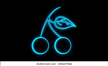 Sprig of cherry berry or sweet cherries logo glowing toxic neon sign minimal design, magic colorful vector illustration, print.