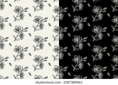 sprig of cherry blossom flower doodle seamless pattern on black white background set. stem of cherry blossom engraving pattern background. cherry blossom flower background for florist merchandise