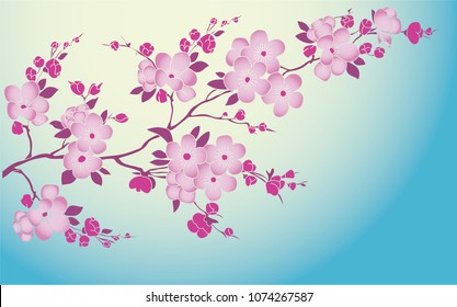 sprig of cherry blossoms in color on a blue background