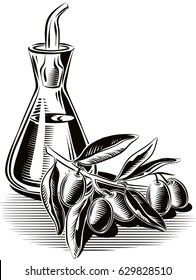 Sprig and a cruet of olive oil.
