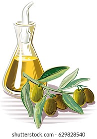 Sprig and a cruet of olive oil.