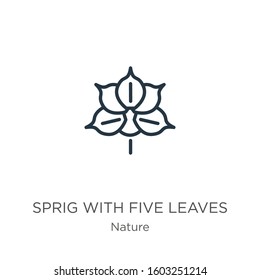 Sprig with five leaves icon. Thin linear sprig with five leaves outline icon isolated on white background from nature collection. Line vector sign, symbol for web and mobile