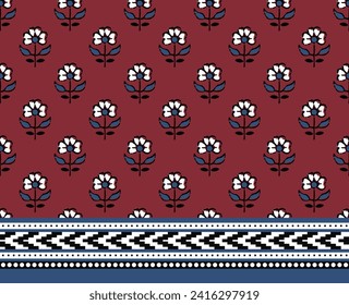 SPRIG FLORAL AJRAKH SEAMLESS PATTERN AND BLOCK PRINT PATTERN BATIK PRINT BACKGROUND DIGITAL PRINTING TEXTILE PATTERN VECTOR ILLUSTRATION