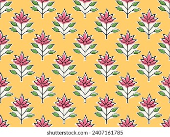 SPRIG FLORAL WITH BORDER AJRAKH PATTERN AND BLOCK PRINT PATTERN BATIK PRINT BACKGROUND DIGITAL PRINTING TEXTILE PATTERN