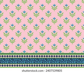 SPRIG FLORAL WITH BORDER AJRAKH PATTERN AND BLOCK PRINT PATTERN BATIK PRINT BACKGROUND DIGITAL PRINTING TEXTILE PATTERN