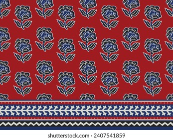 SPRIG FLORAL WITH BORDER AJRAKH PATTERN AND BLOCK PRINT PATTERN BATIK PRINT BACKGROUND DIGITAL PRINTING TEXTILE PATTERN