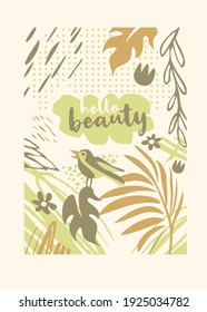 Sprig floral nature apparel design pattern with bird, plants, dots and flowers. Tee shirt graphic template perfect for woman clothing and accessories. Vector illustration poster decor apparel print.
