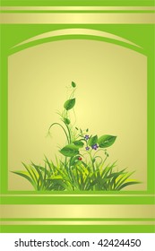 Sprig with flowers, grass and ladybird. Card. Vector