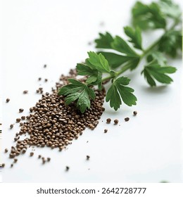 A sprig of fresh parsley rests atop a scattering of small, dark brown seeds, possibly chia seeds, on a bright white background, creating a visually appealing contrast of textures and colors.