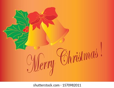 Sprig of holly, ilex, mistletoe, berries, green aquifolium leaves. Bells with ribbon. Christmas New Year greeting card. Hand drawn. Design elements. Vector illustration isolated on a gold background.