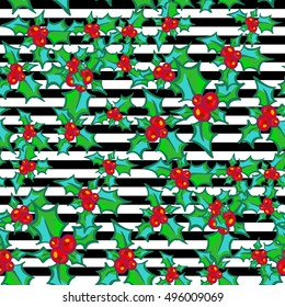 Sprig of Holly on striped black and white background. Vector hand drawn design element for greeting card, fabric, wrapping paper. Holly with berry. Christmas and New Year bright seamless pattern