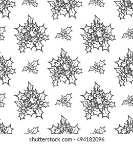 Sprig of Holly. Vector hand drawn tileable background, design element for greeting card, fabric, wrapping paper. Holly with berry. Christmas and New Year seamless pattern, white and black color