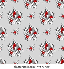Sprig of Holly. Vector hand drawn tileable background, design element for greeting card, fabric, wrapping paper. Holly with berry. Christmas and New Year seamless pattern, white, red and grey color